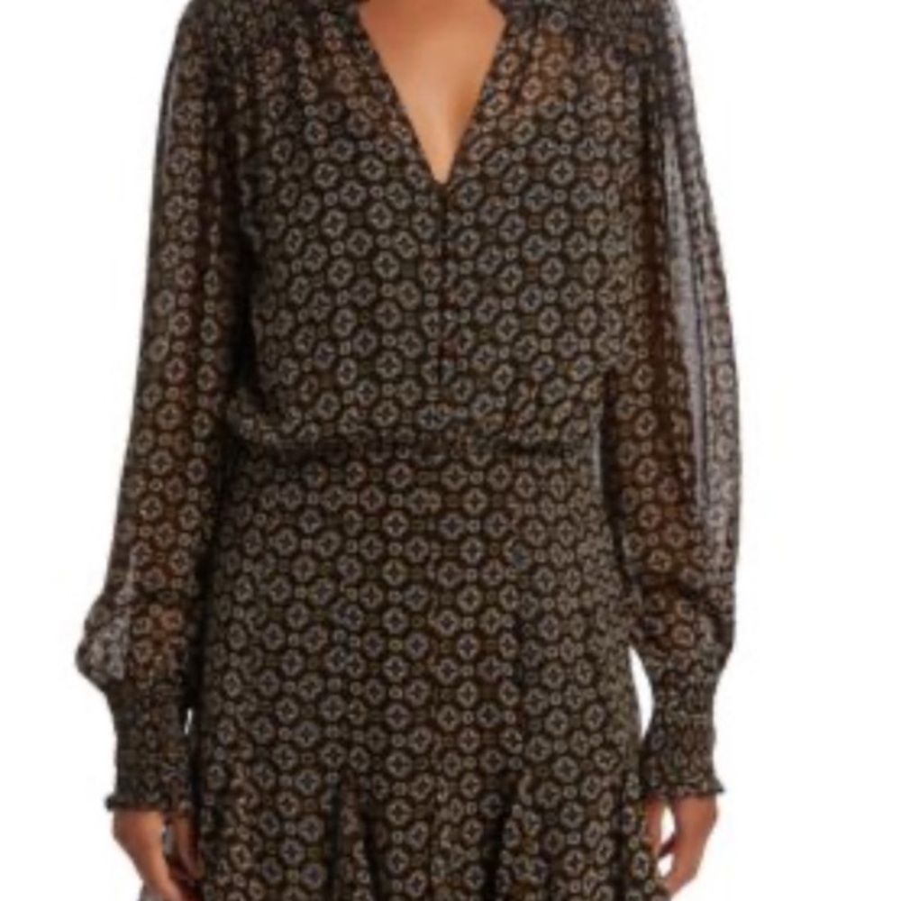 Veronica Beard Black and Brown Sacchi Print Long Sleeve Dress